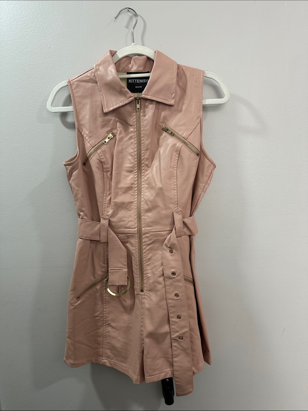 Kittenish Blush Pink Sleeveless Zip-Front Trench Romper Dress